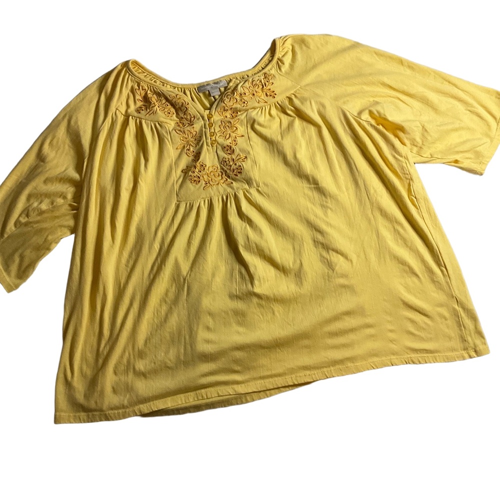 Woman Within Yellow Embroidered 3/4 Sleeves Bohemian Blouse 2X